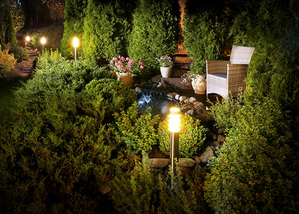 户外公园小型喷泉附近的有照光家庭花园院植物和夜光发的图片