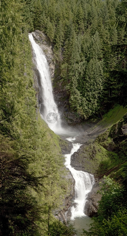 外部华盛顿州莱士瀑布的中在森林央经过两个不同的阶段美国华莱士瀑布水下降图片