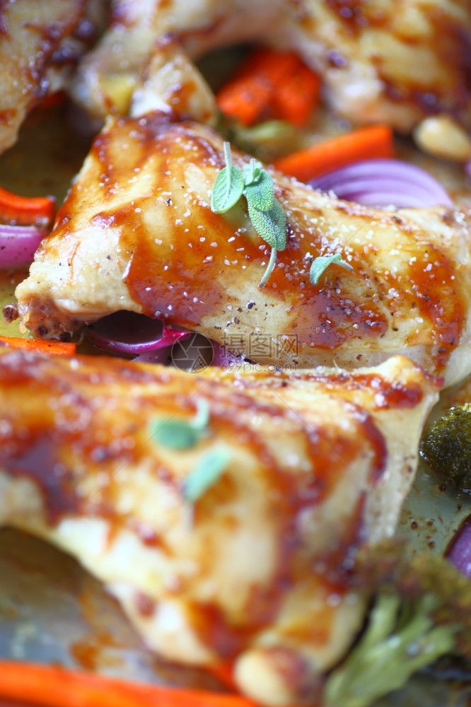 烤箱鸡肉加辣椒酱和粗咸盐加洋葱胡萝卜和花椰菜垂直的海鲜图片