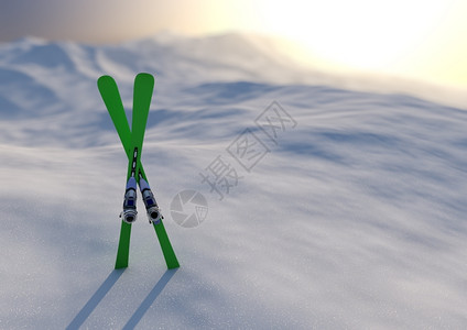 在白雪皑的风景中渲染一对滑雪板日落冬天白色的图片