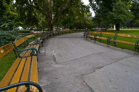 空的一种游客沿着维也纳公园道路的长椅图片