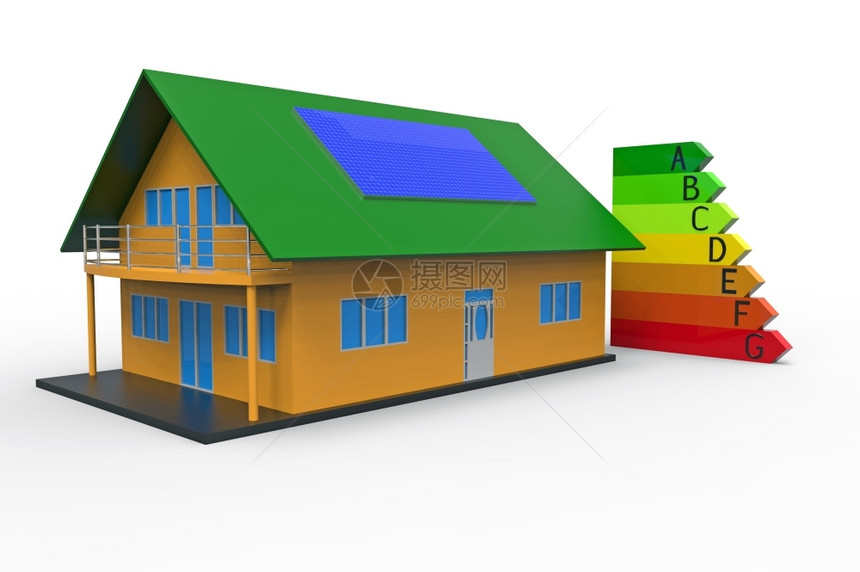 活力量3D投影白色背景的房屋和能源效率图表3DGeff黄色的图片