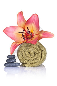 Lily毛巾和白色背景的SPA概念Macro拍摄百合岩石芳香疗法图片
