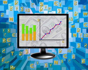 信在监视器39s屏幕上绘制货币标志技术的图表钱抽象的背景图片