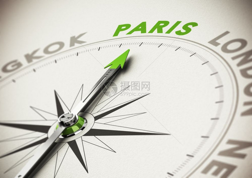 单词实际的以绿色字为焦点选择假期的概念最佳旅游地点巴黎行目的地理想Paris的3D现实化三维模式并将重点放在绿字概念上模糊图片