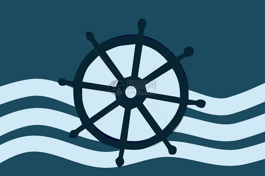 驾驶徽平淡蓝水持方向盘的海洋贺卡轮式旅行概念船血管图片