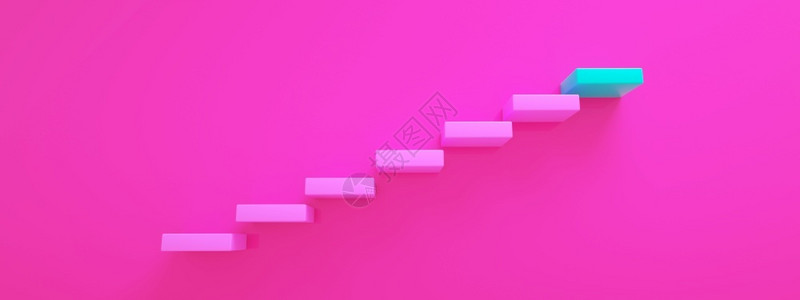 抽象的网络粉红色楼梯通往蓝顶级阶梯或职业生涯3D造影全景图像方向图片