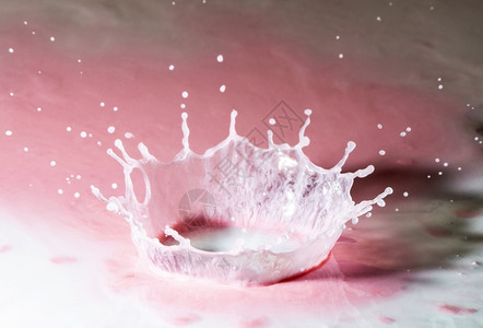美丽的圆圈溅起粉红酸奶上滴水的皇冠喷洒图片