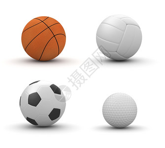 欧洲的凌空抽射目四个体育球孤立的篮排足3D高尔夫和白色背景物体系列图片