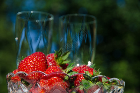 碗边有新鲜的草莓和模糊香槟杯在花园里的背景中在花园里酒精杯目的图片