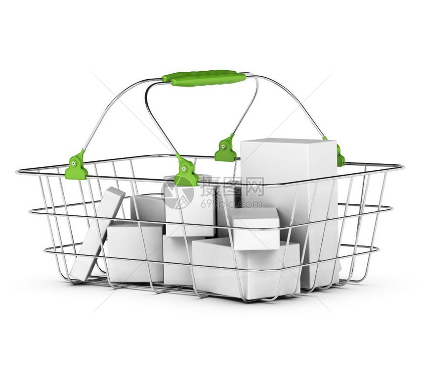 购物车店铺平均篮子里面有某些产品绿色触控着白背景购物篮和产品的图象以及盒子图片