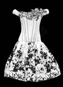 蓬松袖子女黑色和白晚礼服裙带短剪裁路径图片