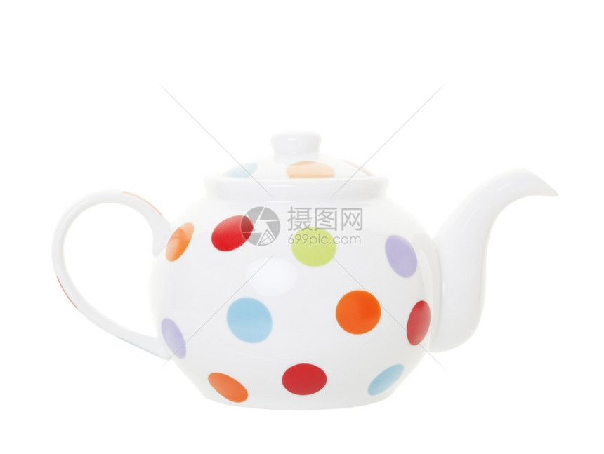 多色的饮料瓷白茶壶有多色波尔卡点与剪切路径隔绝图片