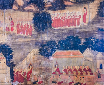 生活寺墙上的佛像生命泰国传统壁画图泰国传统壁画旅行宗教背景图片