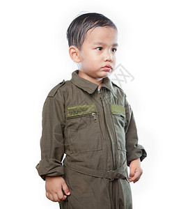 套装身着空军飞行员西装的亚裔儿童肖像孤立白背景信心强的图片