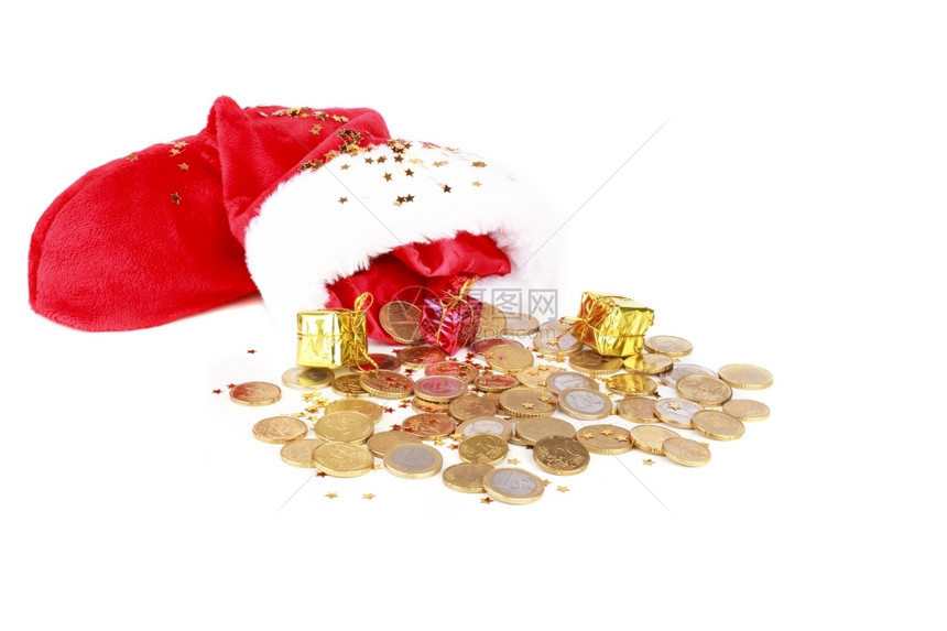 圣桑诺斯高帽欧元硬币和礼物消费主义十二月金融图片