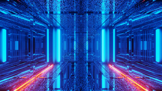 凉爽的蓝色未来科幻隧道走廊的3d插图背景壁纸带有酷炫的闪亮反射美丽的蓝色科幻隧道走廊渲染设计带有发光的霓虹灯插图蓝色未来派科幻隧背景图片