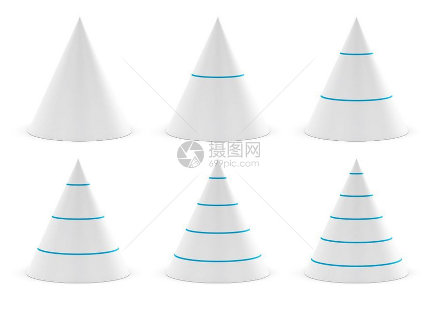 金字塔绘画成形用于不同级别蓝色分隔符白数据显示图形上的锥等数据演示的一组锥体阵图片