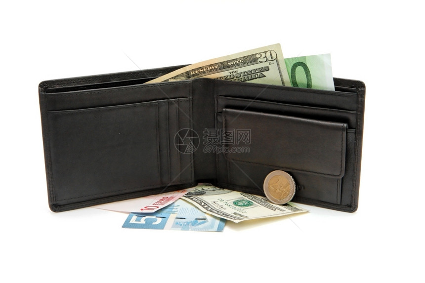 财富加拿大白色背景的黑钱包钞票和硬币金融图片