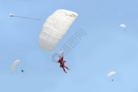 热的高跳伞降落时用跳腾登在蓝天空下背景上还有其他数位空中潜水员跳跃图片