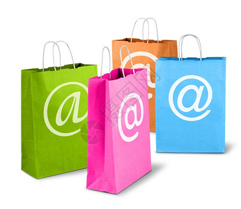 电子商务净贸易概念网上彩色购物袋3个棕纸在线的丰富多彩棕色图片