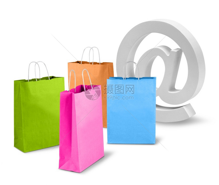 商品购物者电子务净贸易概念网上彩色购物袋3个棕纸包图片