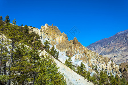 安纳普尔自然喜马拉雅山上美丽的岩石脉在明亮的阳光日尼泊尔季节图片