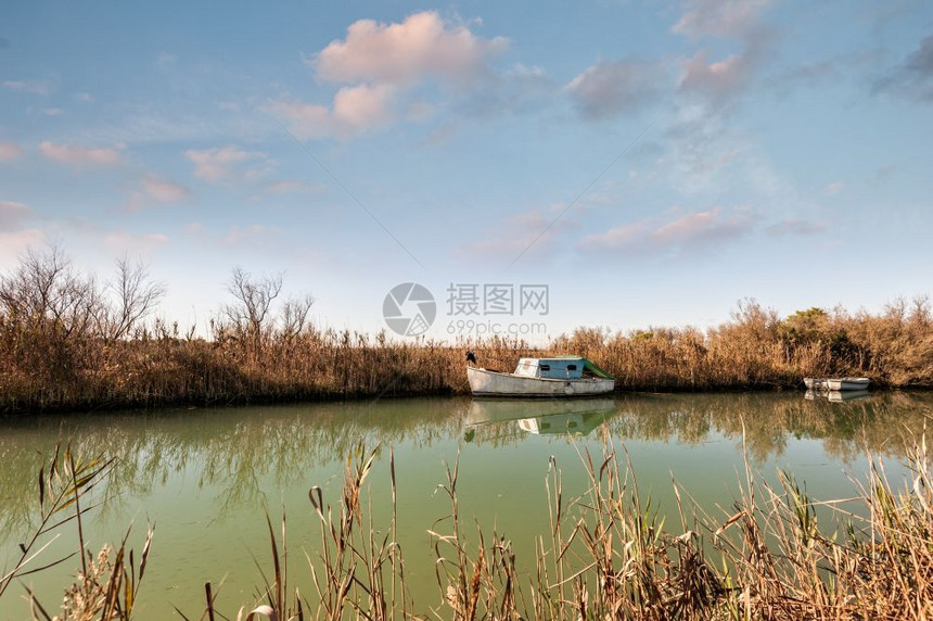运输自然湖沿河停泊的老渔船图片
