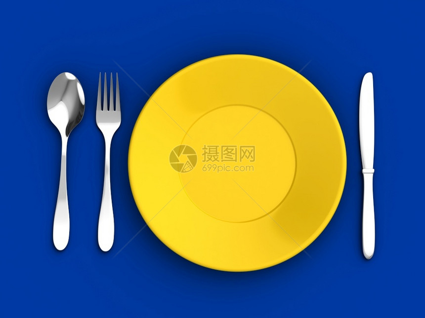 厨具服务勺子3d蓝色背景的刀叉和黄色板图片