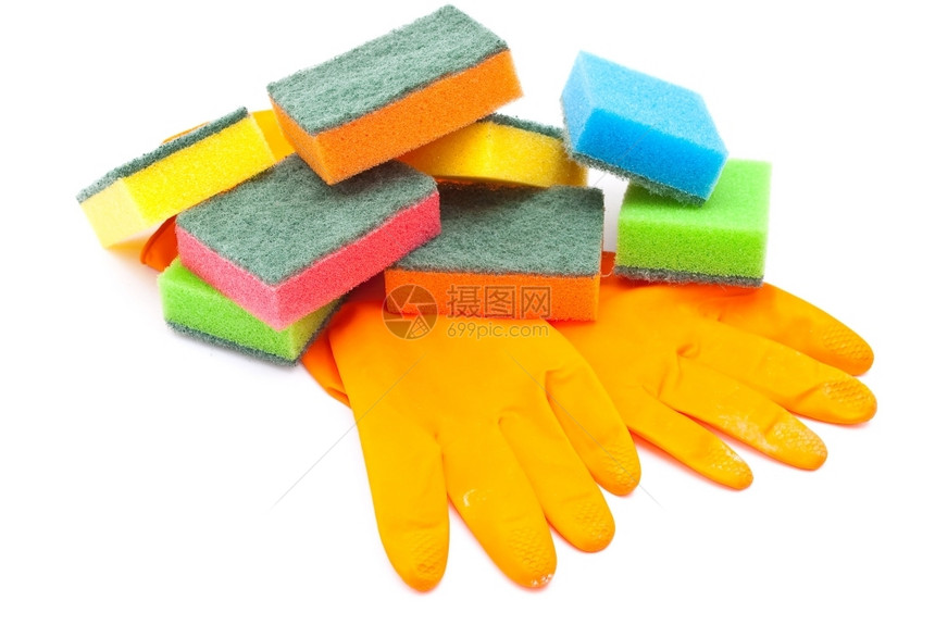 卫生橡胶手套和厨房用海绵乳胶洗涤剂图片