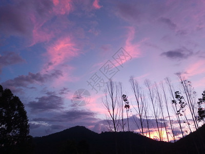 日落出天空与山和树泰国森林场景图片