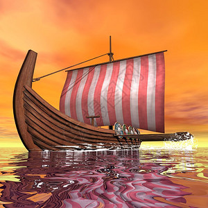 德拉威人游艇插图日落3D时在海上漂浮的德拉卡或维京船使成为设计图片