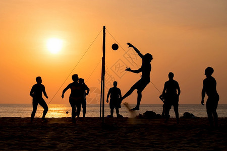 闲暇海滩排球运动员在海滩上和日落的操场沙子乐趣海岸图片