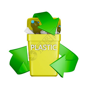 黄色垃圾篓环境的回收标志和装有塑料废物的3D垃圾容器渲染干净的设计图片