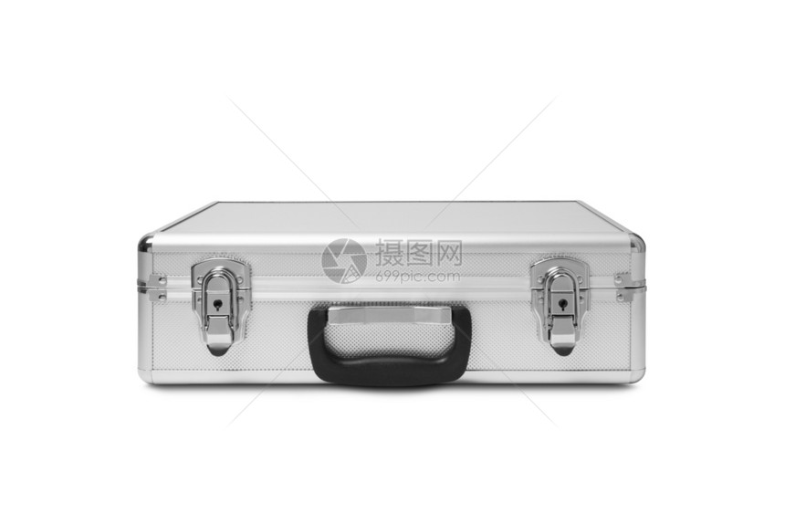 在白色背景上隔离的金属手提箱有剪切路径锁裁目的图片