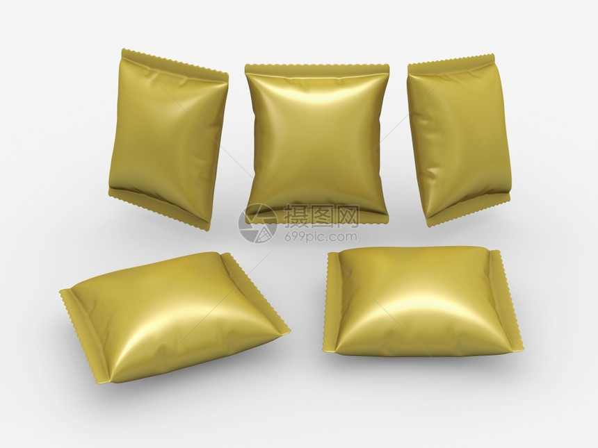 干净的黄金软纸袋用于产品如零食包和剪切路径金属的盒图片