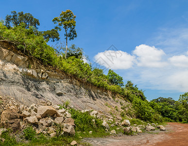 塌方路红色的森林中岩石滑坡景观背景