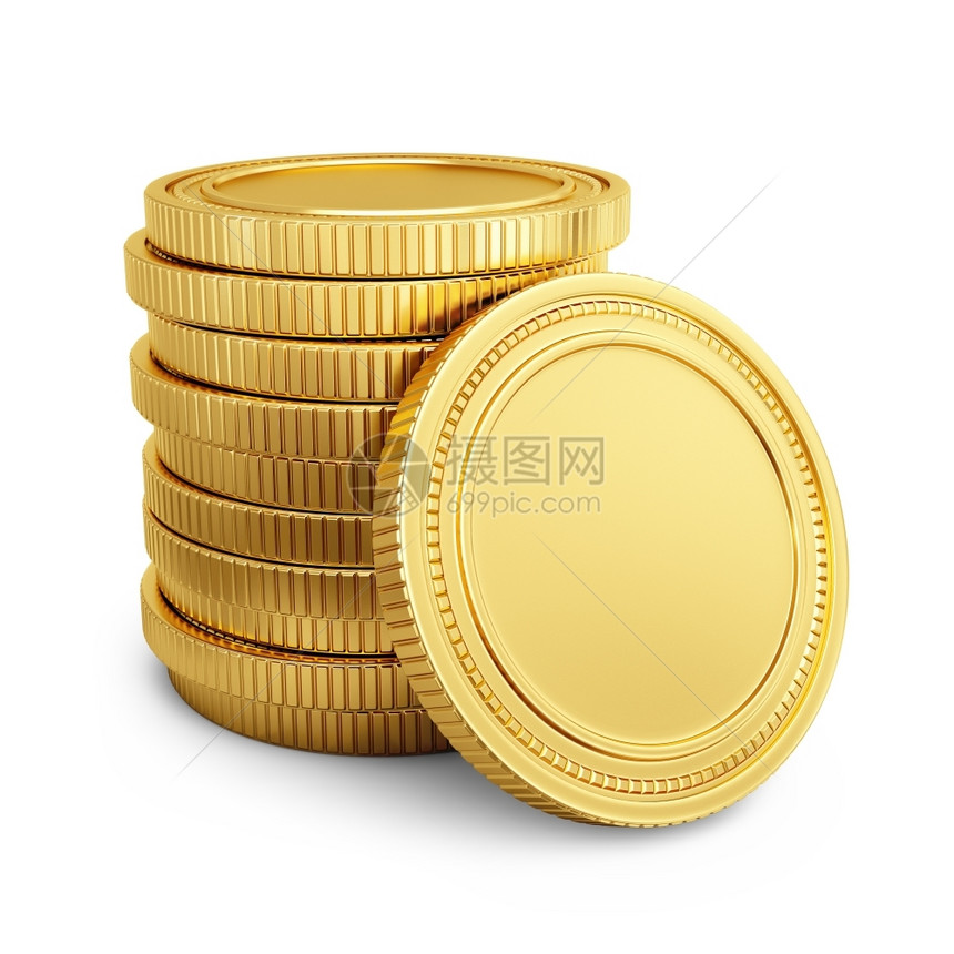 市场白色背景的黄金硬币被孤立于白面收入生长图片