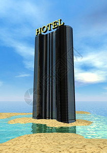 金的商业酒店标志现代建筑上的黄金酒店标志在沙滩海旅馆的3D游图片