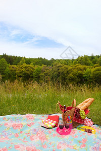 草野外装满面包葡萄和酒的WickerPicnic篮子填充典型的图片