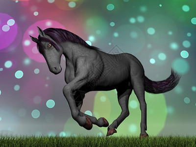 Bokeh背景的黑马在草地上奔跑3D运动使成为跑步图片