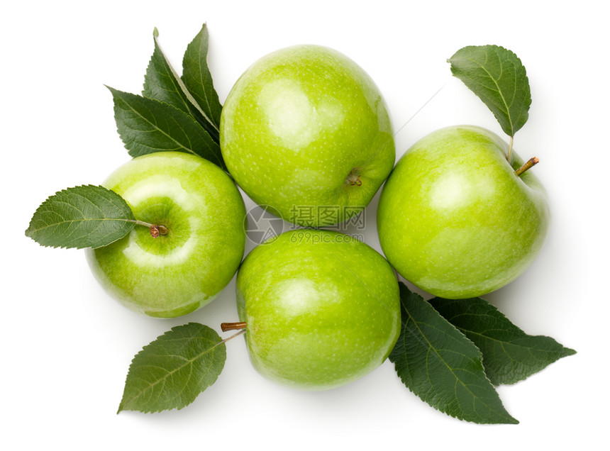 多于绿色苹果白背景上孤立叶子的绿苹果新鲜老奶铁面苹果饮食有机的图片