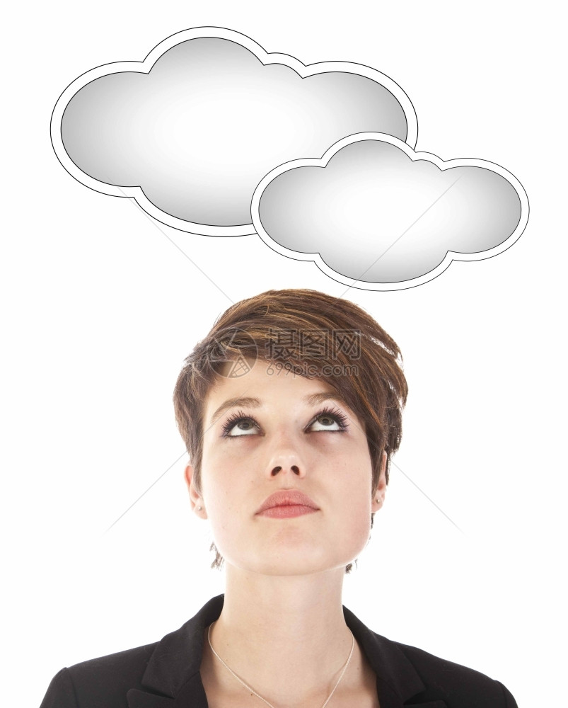 年轻女看着白背景孤立的云朵在白色背景中脸随意的成人图片