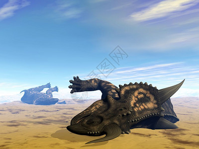 渴史前灭绝动物由于缺水而死在沙漠中的两只恐龙3D变形设计图片