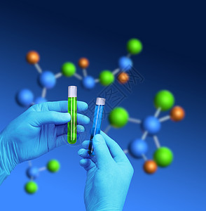 玻璃高脚手套液体化学手握试验管分子模型背景底部测试管的分子模型科学绿色设计图片