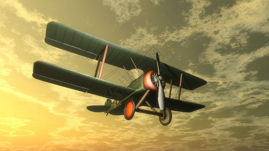 古董压捆机目的日落时在天空中飞行的双翼机3D渲染日落时的双翼飞机渲染航空赖特设计图片