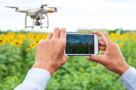 聪明的技术手持智能机的农民在田野上无人驾驶飞机在农田上空行业图片