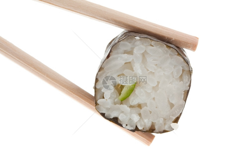 亚洲人营养海鲜白纸上孤立的寿司和筷子图片
