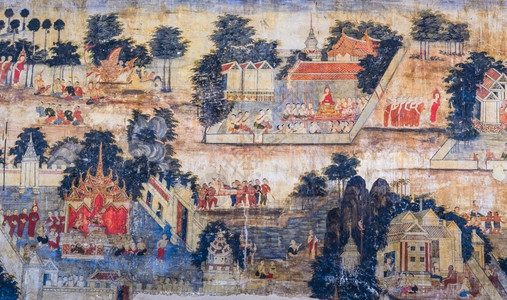 绘画生活寺墙上的佛像生命泰国传统壁画图泰国传统壁画背景图片