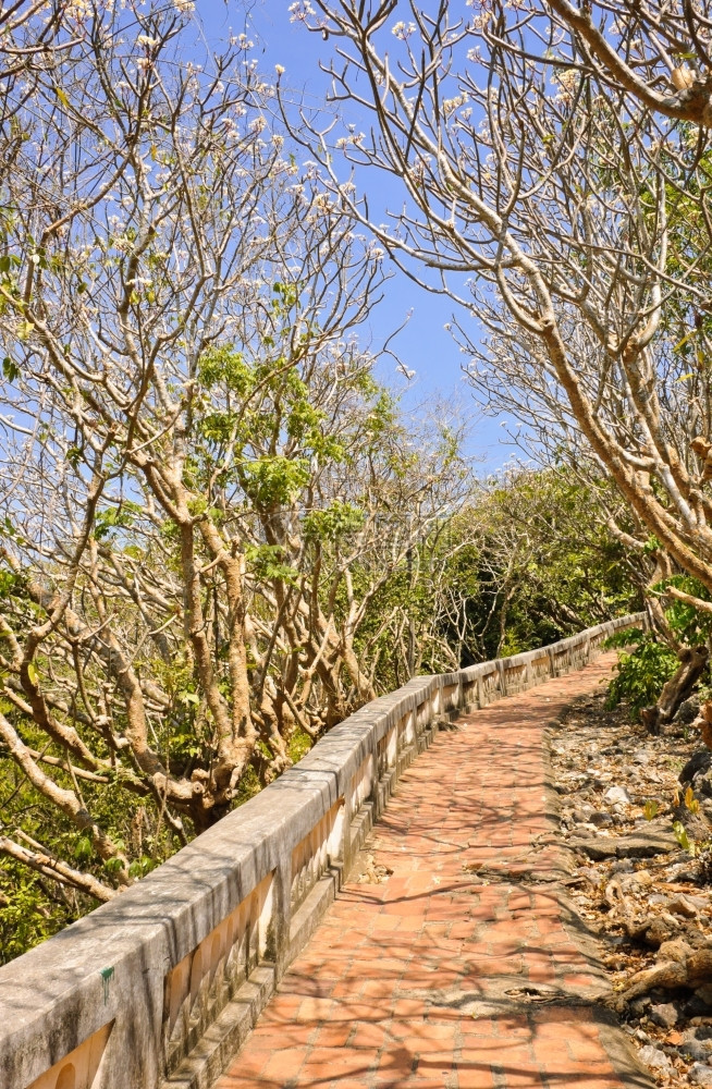 旅行白色的老碧武里帕那空奇历史公园通往山顶的人行道图片